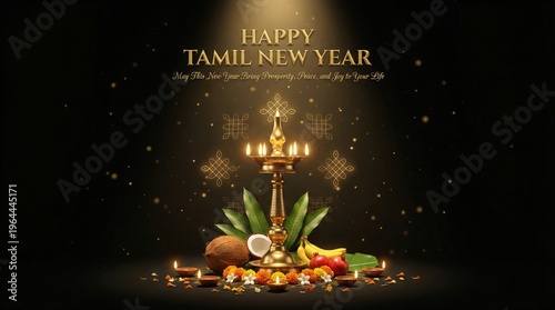 Joyful Tamil New Year greeting with a traditional brass oil lamp surrounded by fruits and flowers against a dark sparkling background