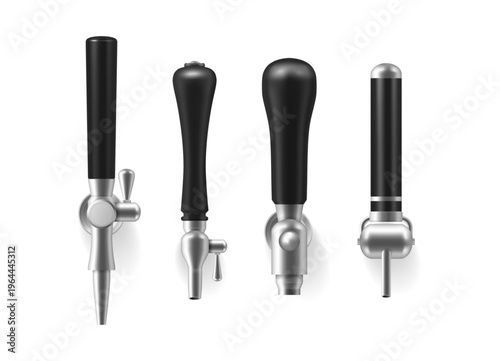 Draft beer taps collection. Vector realistic pouring device golden lager into glass. Set of metal faucet with plastic handles. Alcoholic beverages service elements with stainless steel surface