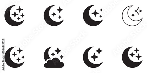 Minimalist night sky icons featuring crescent moons and twinkling stars for weather and astrology applications