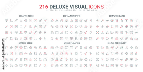 Video game genres and devices, web application line icon set. Tablet and phone, marketing digital tools and software for content creation thin black and red outline symbols vector illustration