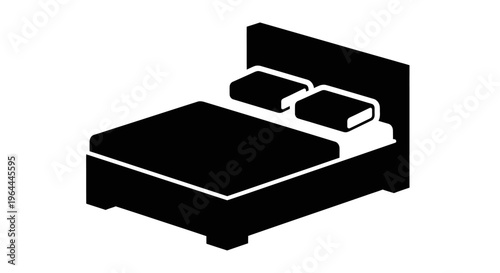 Simple Black Icon of a Double Bed with Pillows.