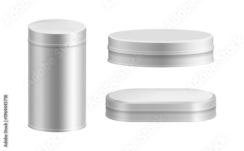 Closed metal boxes set. Vector isolated realistic cylindrical, oval and ellipse shaped storage containers with removable lids. Coffee or tea, spices or snacks tins. Food or items cases