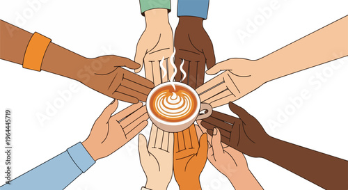 Diverse hands from various backgrounds unite around a steaming cup of coffee with beautiful latte art, illustrating community, shared moments, and global connection.