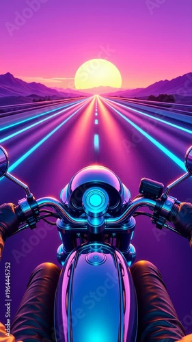 Futuristic motorcyclist riding on neon-lit highway at night, vibrant pink and purple glow on the road, mountains in the background, sun setting on horizon, concept of retrofuturism and digital escape