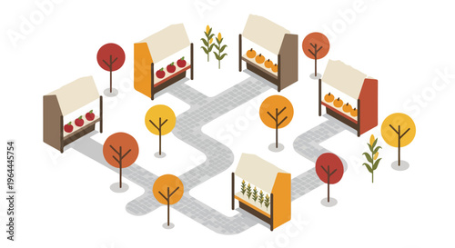 Vibrant isometric fall market scene featuring multiple vendor stands selling fresh produce amidst colorful autumn foliage and interconnected pathways.