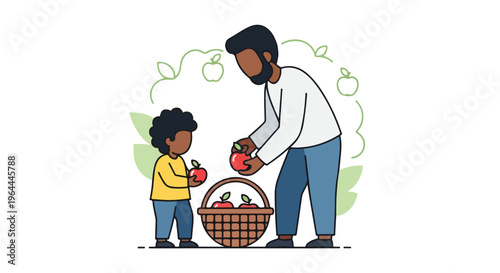 African American father and son picking fresh red apples, enjoying a wholesome family activity and healthy harvest.