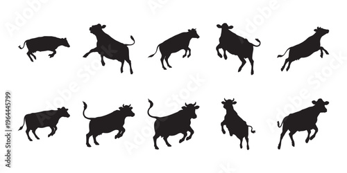 Expressive cow poses with dynamic motion and body gestures, clean vector silhouettes isolated on white background. Suitable for farm visuals and creative animal concepts.