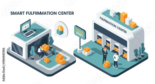 Smart Fulfillment Center and Pharmaceutical Center Isometric Illustration.