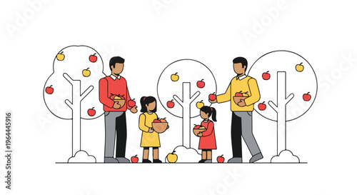 Happy family enjoying autumn apple picking together in an orchard, collecting fresh fruit into baskets. Healthy outdoor activity illustration.