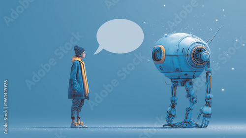 Human person communicating with robotic AI assistant future technology, generating dialog bubble
