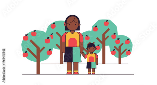 Cute flat design illustration of an African American mother and child holding hands amidst apple trees, representing family, nature, and togetherness.