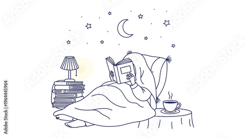 Enchanting Night Reader: Illustration of a person enjoying a captivating book, tucked cozily in bed, beneath a starlit night sky, creating a scene of relaxation and literary bliss.