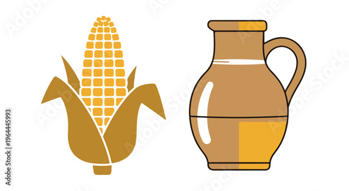 Stylized vector illustration of a golden ear of corn with husk and a traditional ceramic jug, representing agriculture, food, and drink.