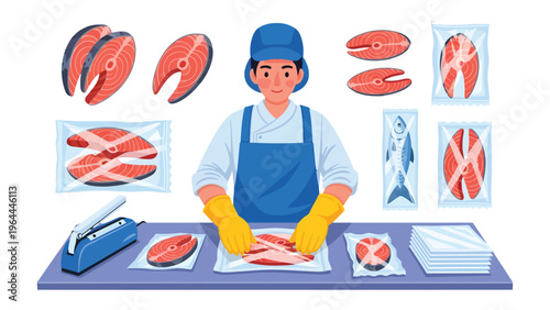 Artisan of Freshness: An expert butcher meticulously prepares fresh salmon fillets, showcasing his precision and dedication to quality in a clean and organized work environment.