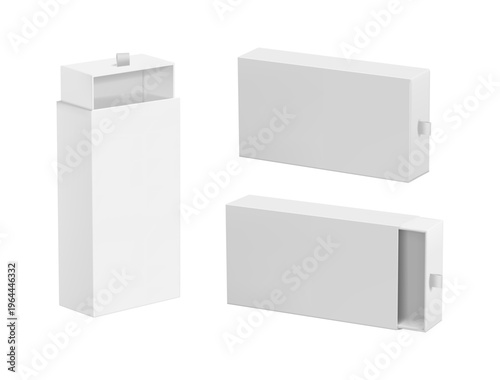 Opened and closed sliding box mockup in perspective view. Vector realistic packaging with blank surface for logo placement or branding design. Cosmetics and gifts, jewelry and stationery cases