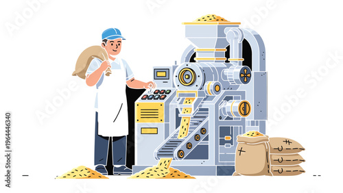 Production Line Operative: A skilled operative is seen managing the automated operations, working with sacks of raw material and monitoring production.