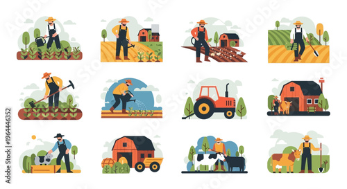 Farmers working in various agricultural settings, cultivating crops and managing livestock.