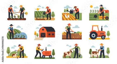 Farmers working on various agricultural tasks, including planting, harvesting, and animal care.