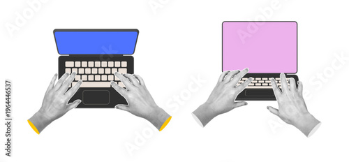 Halftone hands holding laptops. Vector isolated set of dotted pattern montages. Digital product display, responsive web layouts or app interface promotion. UI UX or cross-platform applications
