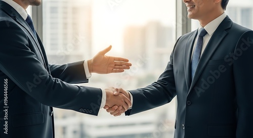 Two businessmen in suits shaking hands with a cityscape background conveying partnership and professionalism in a modern office setting with natural