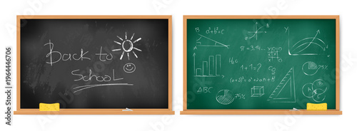 Realistic blackboards with written texts. Vector school wall boards with chalks and erasers or dusters. Elements of educational institutions, offices and training environments. Classroom visuals