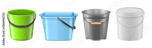 Bucket set, isolated realistic polymer and metal tubs with holders. Vector plastic and metallic steel pails with side handles. Household equipment for water, construction tools or storage