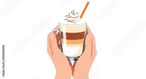 Cozy illustration of two hands gently holding a tall glass of layered coffee drink, topped with whipped cream and a straw, isolated on white background.