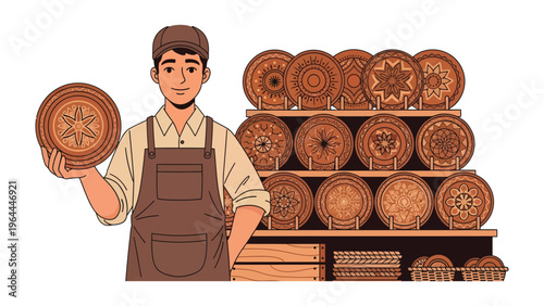 Potter and Pottery Display: A skilled artisan, proudly showcasing a meticulously crafted piece of pottery, stands amidst a gallery of exquisitely designed ceramics.