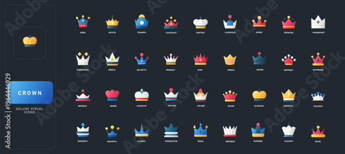 Gradient flat style icons set with diverse crown designs, royal headpieces, and noble insignia on dark UI background vector illustration, representing monarchy, luxury, and authority.