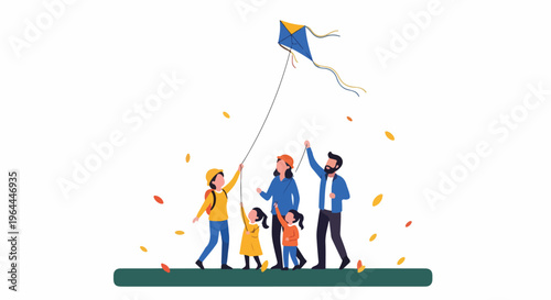 Happy family flying a kite on a sunny day, enjoying outdoor activity and quality time together