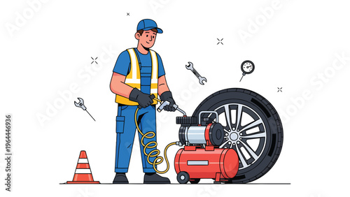 Mechanic at Work: A skilled mechanic meticulously attends to a tire, with precision, using specialized equipment in a graphic illustration.