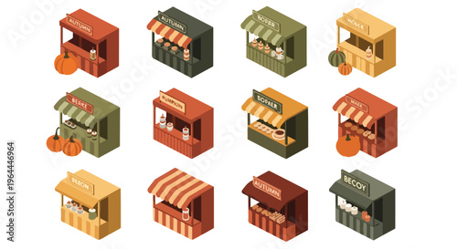 Collection of isometric market stalls with awnings, displaying various goods like pumpkins, food, and flowers on white background