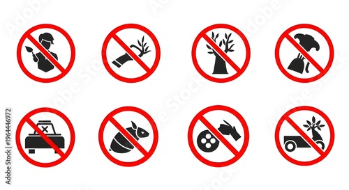 Free Download Prohibited icons set: no cell phone zone, litter, smoking, pets, no eating and drinks allowed, do not touch, do not light a fire, no photography - GFXLoad