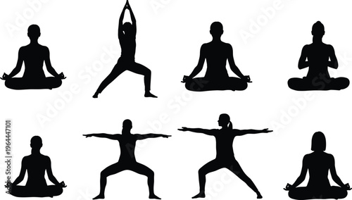 Set of black silhouettes of women practicing yoga, meditation poses, zen exercises, stretching, warrior pose, and lotus position, isolated vector illustrations for wellness.