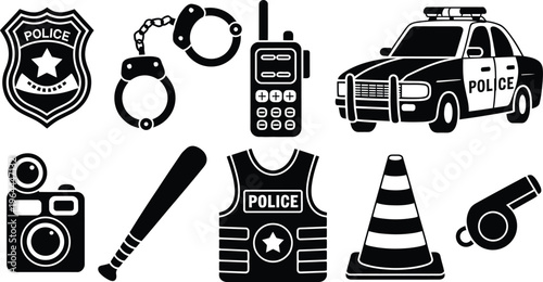Police equipment icons flat design, close-up showing patrol car, badge, handcuffs, baton, radio, body vest, whistle, traffic cone, minimal vector for law enforcement.