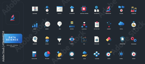 Gradient flat style icons set with data science, machine learning, cloud, coding, chemistry, and analytics concepts on dark UI background vector illustration.