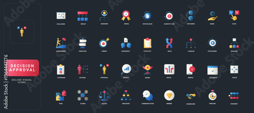 Gradient flat style icons set with decision approval, management, achievement, communication, workflow, and analytics concepts on dark UI background vector illustration.