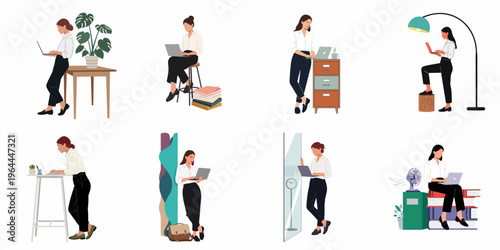 Set of minimalist flat vector illustrations featuring a professional businesswoman working on a laptop in various home and office settings.