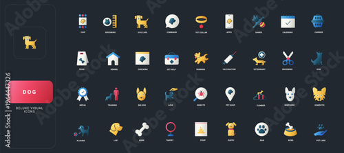Gradient flat style icons set with dog care, training, veterinary, grooming, food, play, and pet accessories on dark UI background vector illustration.