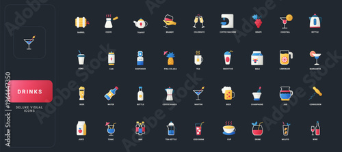 Gradient flat style icons set with diverse drink and beverage symbols, including alcohol, coffee, tea, juice, and barware on dark UI background vector illustration.