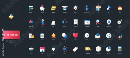 Gradient flat style icons set with wallet, shopping, delivery, analytics, communication, and security elements on dark UI background vector illustration for digital commerce platforms.