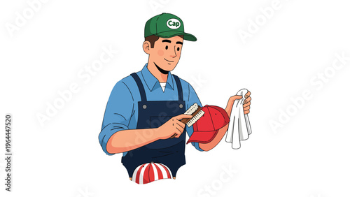 Craftsman at Work: A diligent craftsman meticulously cleans and polishes a red cap, ensuring its pristine condition with expert care and precision.