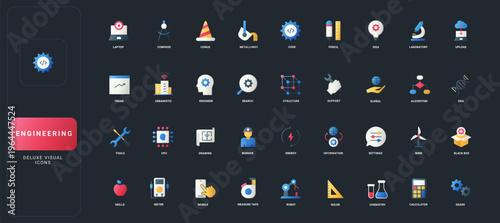 Gradient flat style icons set with engineering, science, technology, mathematics, tools, and innovation concepts on dark UI background vector illustration.