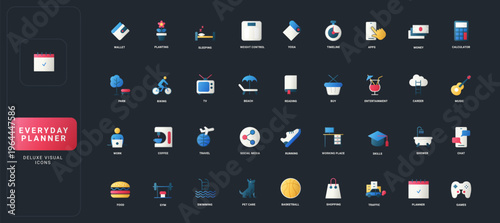 Gradient flat style icons set with daily planning, productivity, lifestyle, work, fitness, leisure, and organization elements on dark UI background vector illustration.