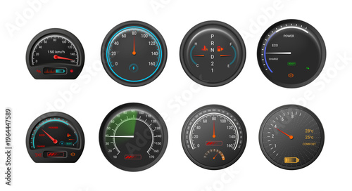 Scale score of speed, levels and meter, tachometer performance and rating. Vector isolated speedometer icon collection. High and low speed status. Gauge dashboard with indicators for measuring