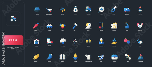 Gradient flat style icons set with farming, agriculture, livestock, produce, equipment, renewable energy, and food elements on dark UI background vector illustration.