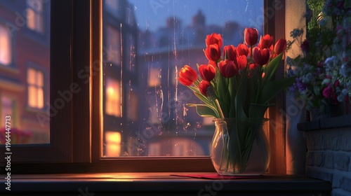 Beautiful Red Tulips in a Vase by a Rainy Window at Dusk