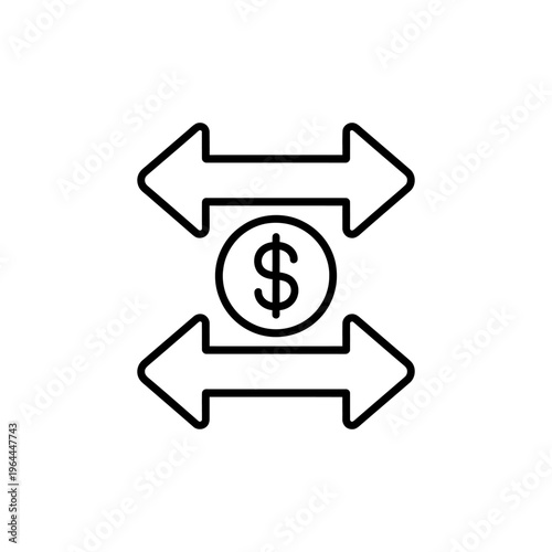 Black line icon of dollar sign with opposing arrows on white background