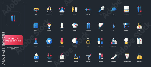 Gradient flat style icons set with fashion accessories, beauty items, clothing, jewelry, cosmetics, and celebration objects on dark UI background vector illustration.