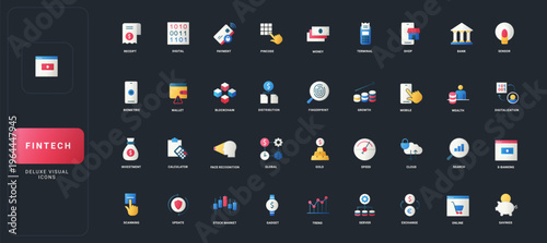 Gradient flat style icons set with fintech, banking, digital payment, blockchain, investment, security, and finance technology concepts on dark UI background vector illustration.